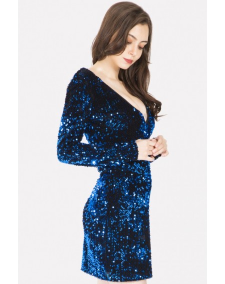 Blue Sequin Plunging Long Sleeve Sexy Bodycon Dress