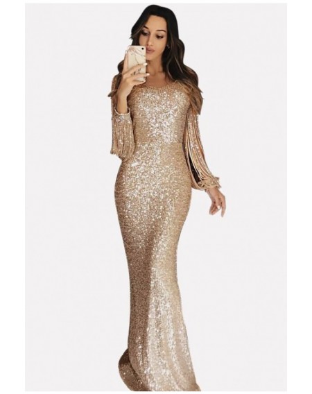 Glitter Sequin Fringe Long Sleeve Sexy Maxi Dress
