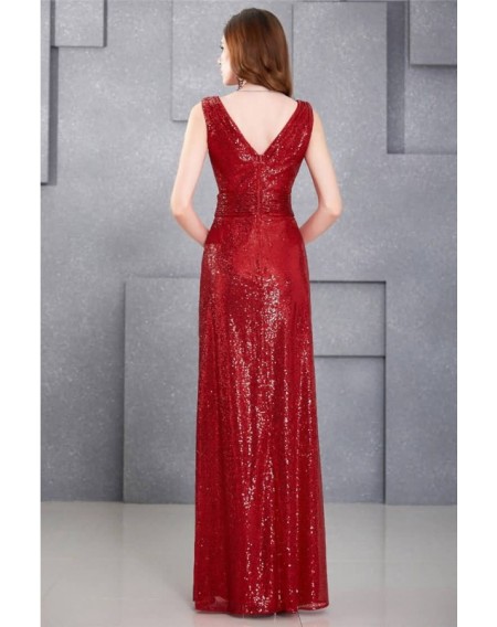 Red Sequin V Neck Sleeveless Sexy Maxi Dress