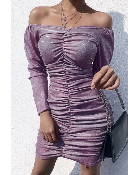 Pink Glitter Ruched Off Shoulder Sexy Bodycon Dress