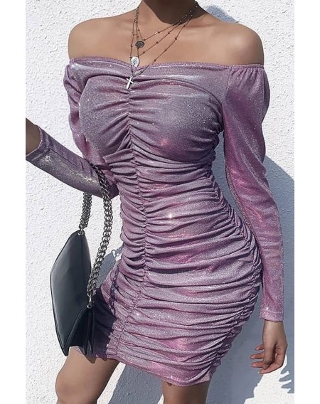 Pink Glitter Ruched Off Shoulder Sexy Bodycon Dress