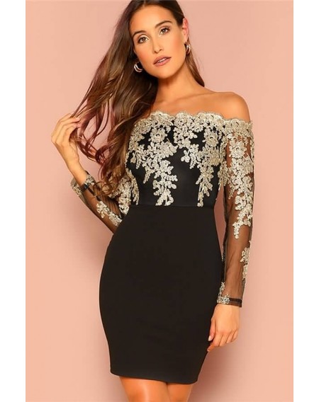 Black Embroidery Off Shoulder Sexy Bodycon Dress