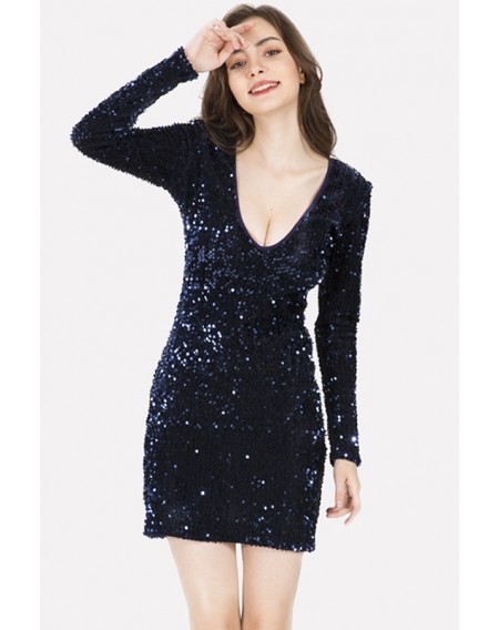 Dark-blue Sequin Plunging Long Sleeve Sexy Bodycon Dress
