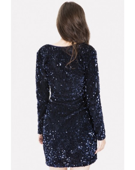 Dark-blue Sequin Plunging Long Sleeve Sexy Bodycon Dress