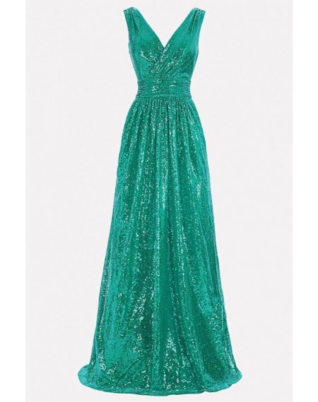 Green Sequin V Neck Sleeveless Sexy Maxi Dress