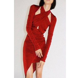 Halter Ruched Long Sleeve Sexy Bodycon Dress