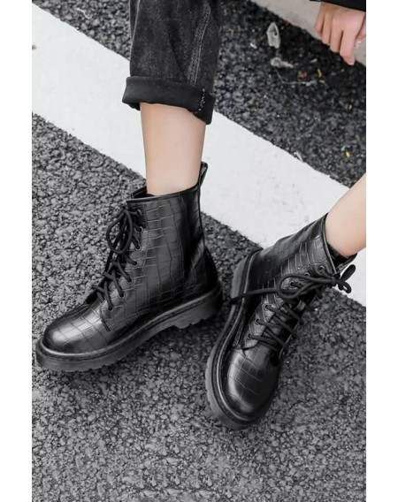 Black Lace Up Round Toe Low Heel Booties