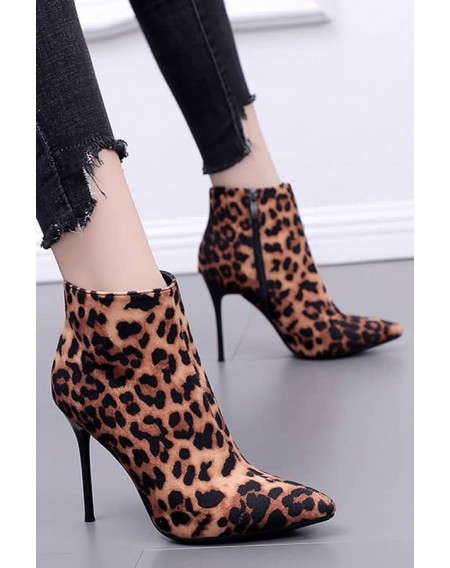 Leopard Zipper Up Pointed Toe Stiletto High Heel Booties