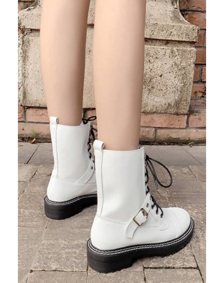 White Lace Up Buckle Strap Low Heel Booties