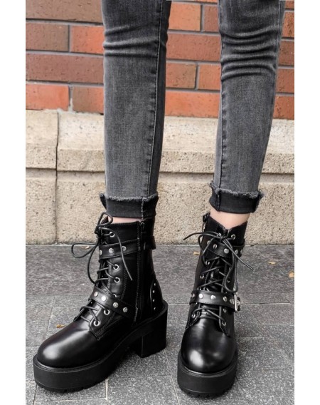 Black Lace Up Buckle Strap Platform Chunky Heel Booties