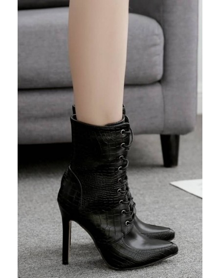 Black Lace Up Zipper Up Pointed Toe Stiletto Heel Booties