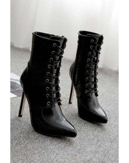 Black Lace Up Zipper Up Pointed Toe Stiletto Heel Booties