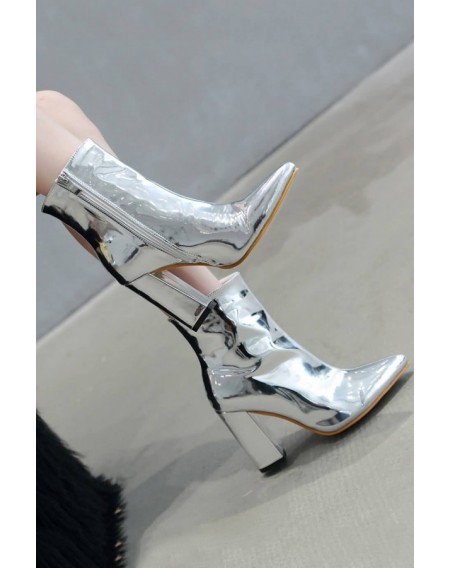 Silver Zipper Up Pointed Toe Chunky Heel Booties