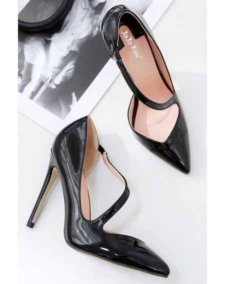 Black Faux Leather Strap Pointed Toe Stiletto High Heel Pumps