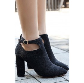 Black Suede Pointed Toe Ankle Strap Chunky High Heels