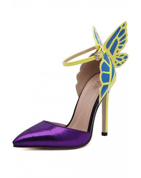 Purple Pointed Toe Ankle Strap Butterfly Heels