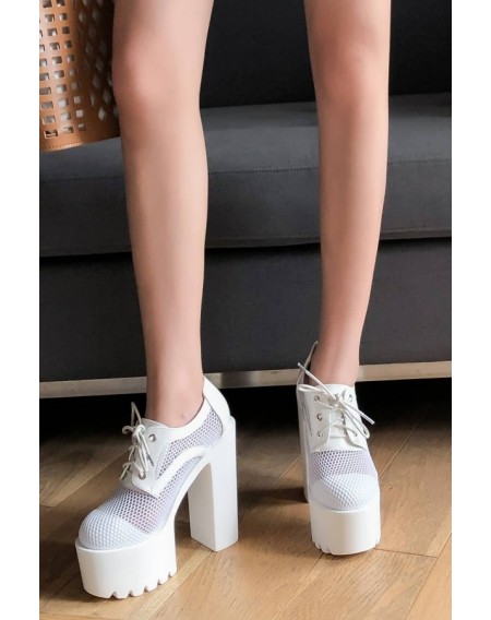 White Mesh Lace Up Round Toe Platform Chunky High Heels