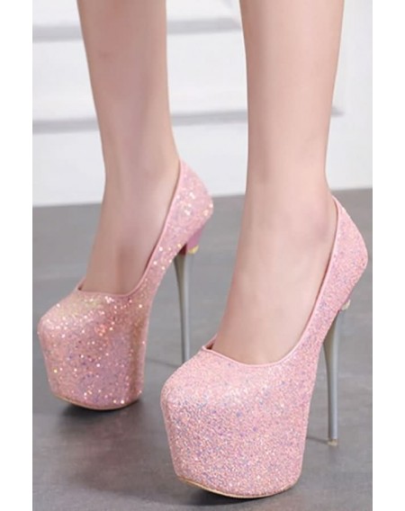 Pink Glitter Platform Stiletto High Heel Party Pumps