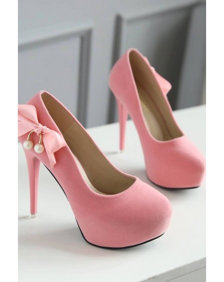 Pink Bowknot Imitation Pearl Stiletto High Heel Pumps