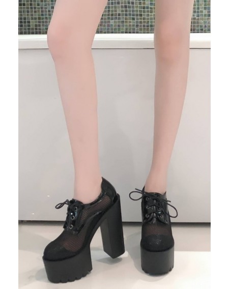 Black Mesh Lace Up Round Toe Platform Chunky High Heels