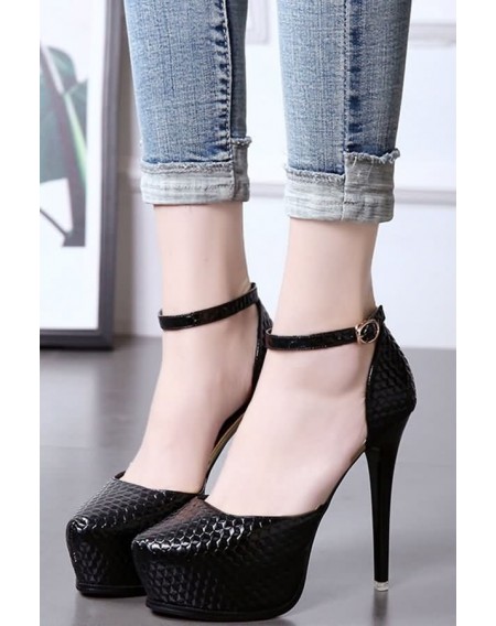 Black Pu Platform Ankle Strap Stiletto High Heels