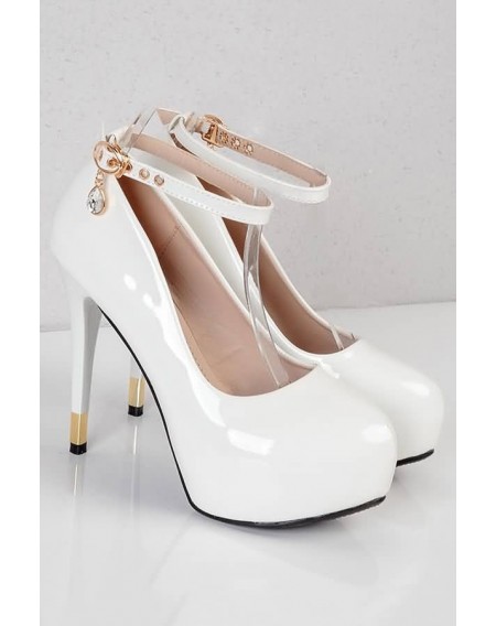 White Crystal Ankle Strap Platform Stiletto High Heels