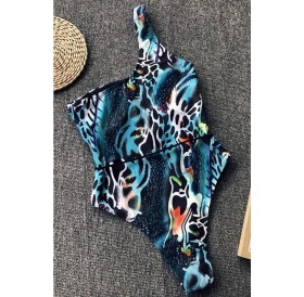 Teal Snakeskin One Shoulder High Cut Cheeky Sexy One Piece Swimsuit