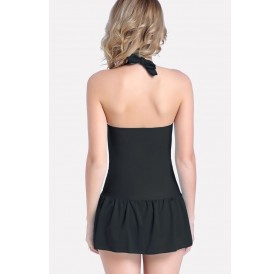 Black Ruched Halter Skirted Sexy Plus Size One Piece Swimsuit