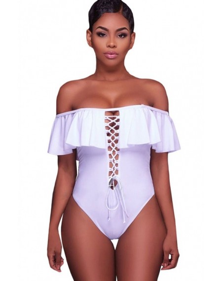 White Off Shoulder Strappy Lace Up Caged Ruffled Cutout Back Sexy One Piece Swimsuit
