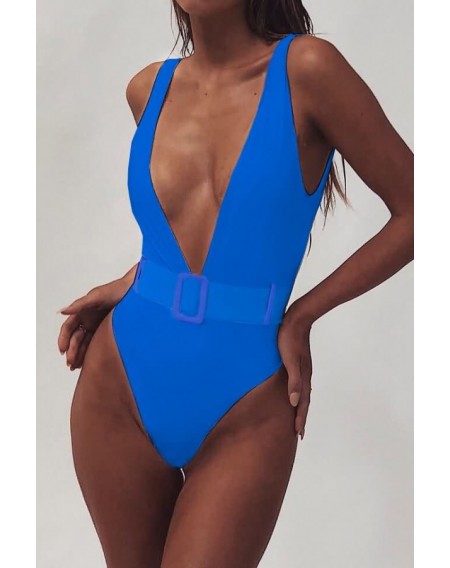 Blue Plunging Belted Padded High Cut Sexy One Piece Swimsuit