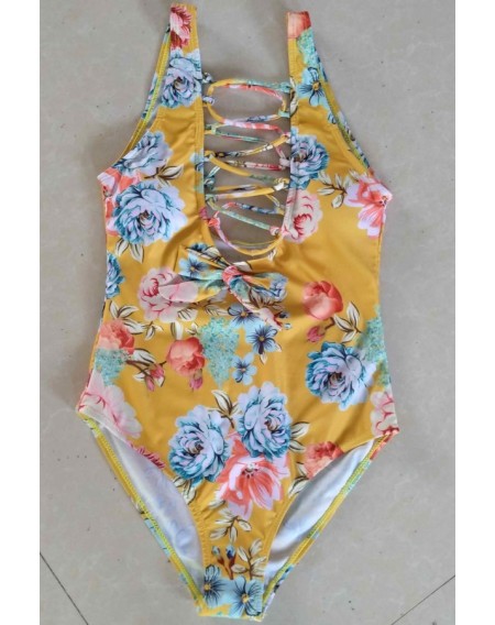 Yellow Floral Print Strappy Caged Bow Tied Backless Sexy One Piece Swimsuit