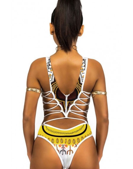 White High Neck African Tribal Print Strappy Caged High Cut Sexy Cheeky One Piece Swimsuit