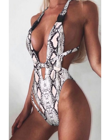 White Snakeskin Plunging High Cut Cheeky Sexy One Piece Swimsuit