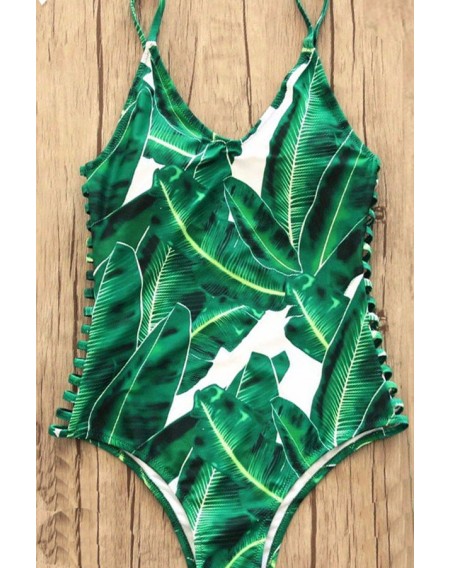Green Leaf Print Scoop Neck Sexy One Piece Swimsuit