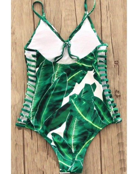 Green Leaf Print Scoop Neck Sexy One Piece Swimsuit