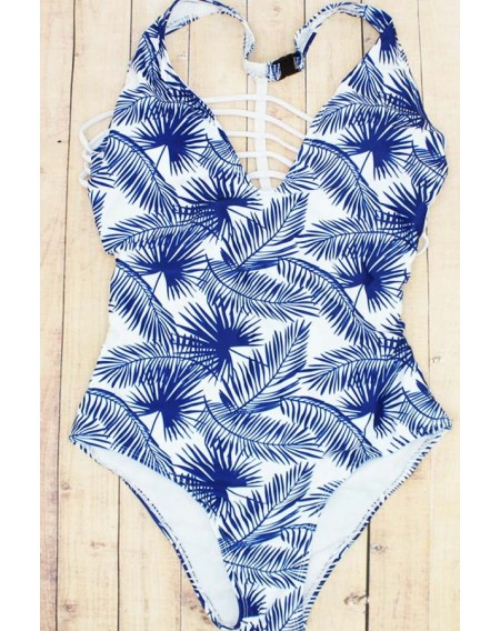 Blue Maple Leaf Print Strappy Sexy One Piece Swimsuit