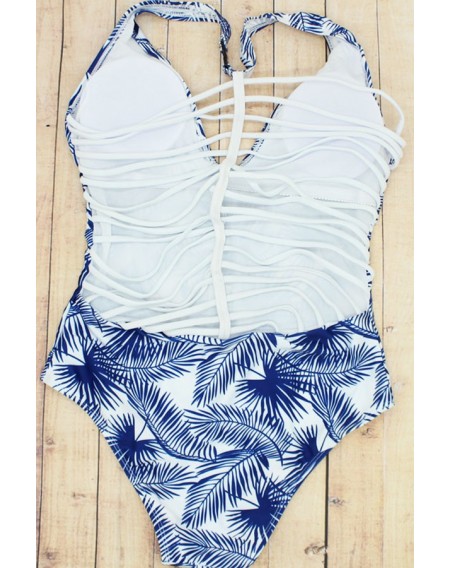 Blue Maple Leaf Print Strappy Sexy One Piece Swimsuit