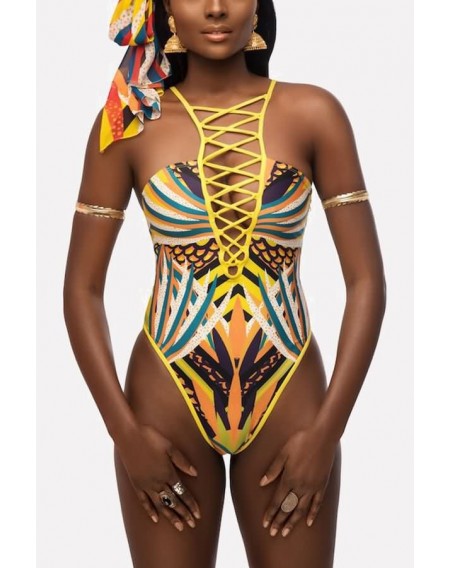 Yellow Tribal Print Caged Strappy High Cut Sexy One Piece Swimsuit