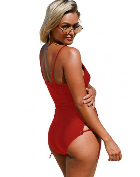Solid Color Plunging V Neck Lace Up Sexy One Piece Swimsuit
