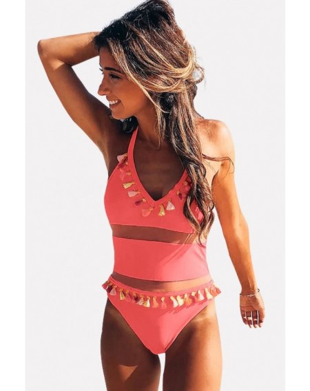 Tassels Decor Halter Backless Mesh Sexy One Piece Swimsuit