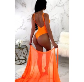 Orange Scoop High Cut Thong Sexy One Piece Swimsuit Cover Up Set