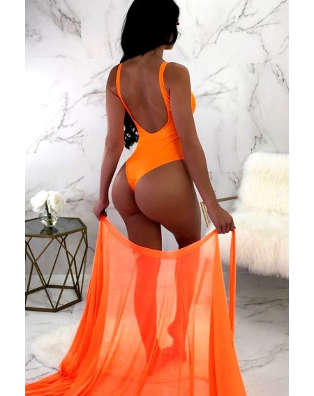 Orange Scoop High Cut Thong Sexy One Piece Swimsuit Cover Up Set