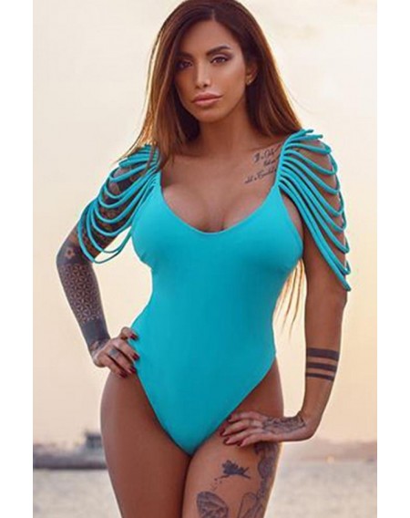 Light-blue Strappy Scoop Neck High Cut Sexy One Piece Swimsuit