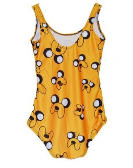 Yellow Cartoon Dog Print Bodysuit One Piece Swimsuit