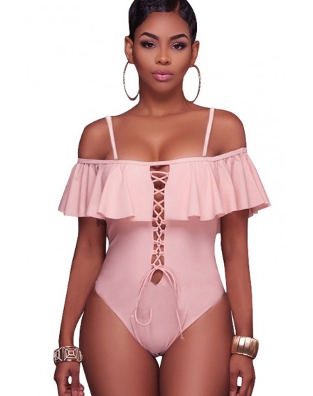Spaghetti Straps Lace Up Ruffled Sexy One Piece Swimsuit