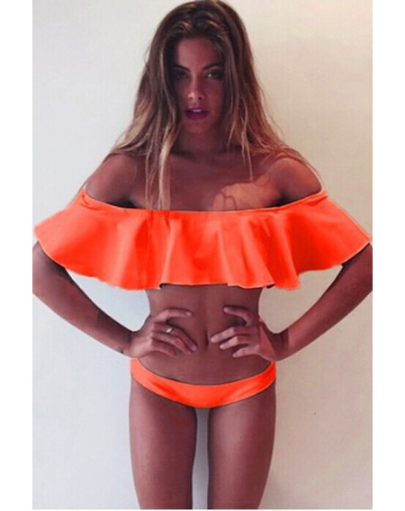 Solid Color Off Shoulder Ruffled Cute Two Piece Swimsuit