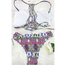 Fuchsia Triangle African Tribal Print Strappy Cutout Caged Ruffle Trim Sexy Two Piece Bikini Swimsuit