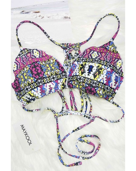 Fuchsia Triangle African Tribal Print Strappy Cutout Caged Ruffle Trim Sexy Two Piece Bikini Swimsuit