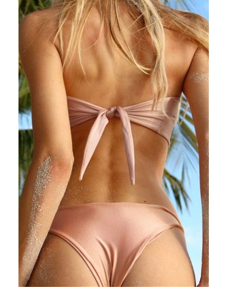 Light Pink Knotted Sexy Cheeky Two Piece Bandeau Bikini Swimsuit