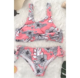 Pink Floral Print Lace Up Tied Sides Chic Bikini